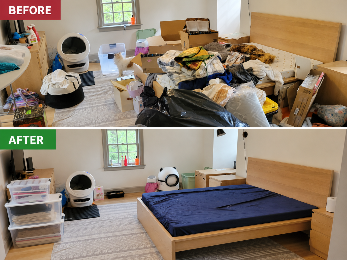 Bedroom before and after organizing shown in one side-by-side image
